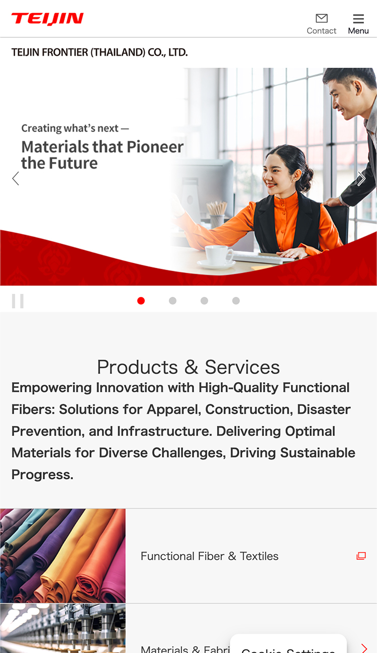 TEIJIN FRONTIER (THAILAND) コーポレートサイトのスマートフォン表示